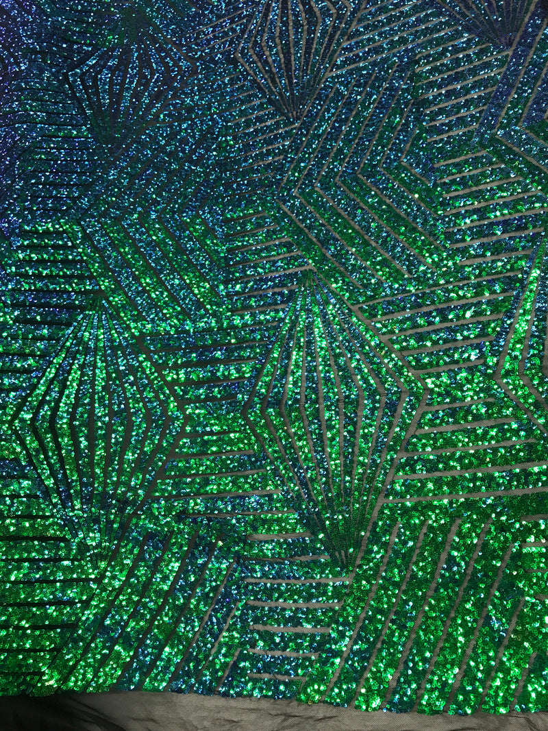 green/purple multi color iridescent sequin geometric design embroider on a black mesh-fashion-dresses-nightgown-decorations-Sold by the yard