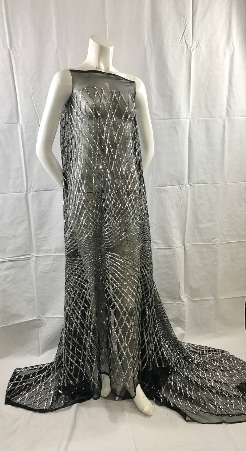 Silver venom diamond web-embroider with sequins on a black mesh lace fabric-wedding-bridal-prom-nightgown fabric-sold by the yard.