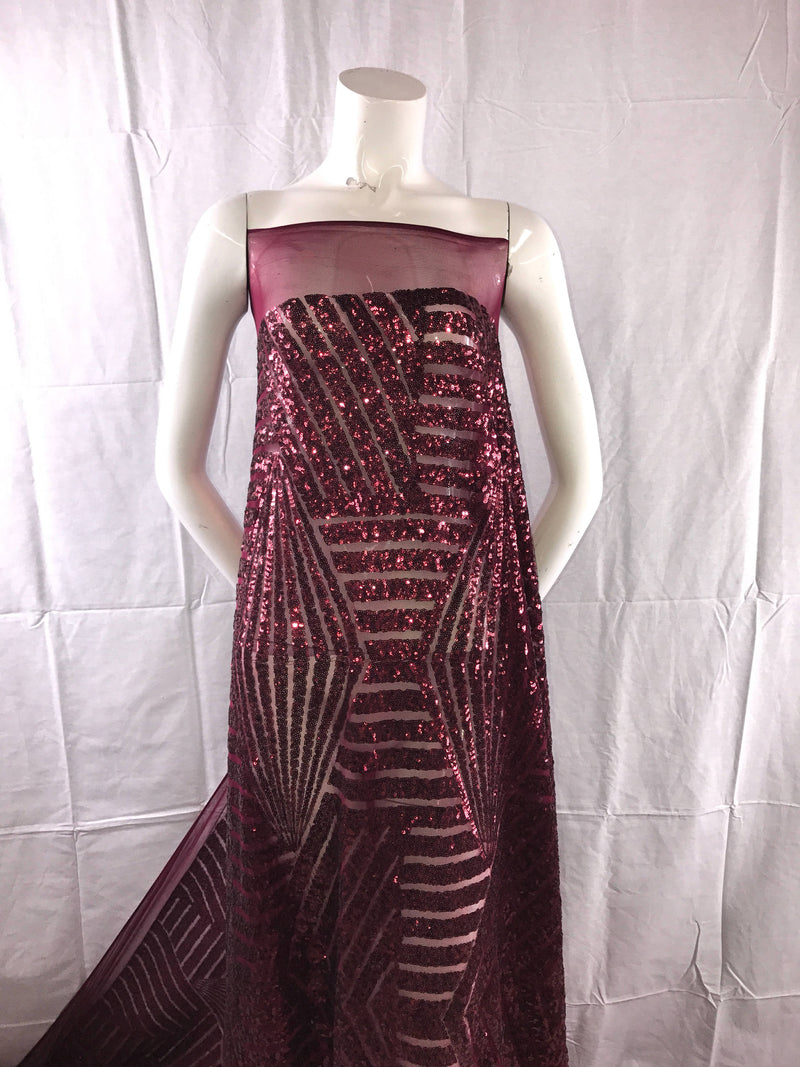 Geometric burgundy sequins embroider on a 4 way stretch mesh-Sold by the yard.