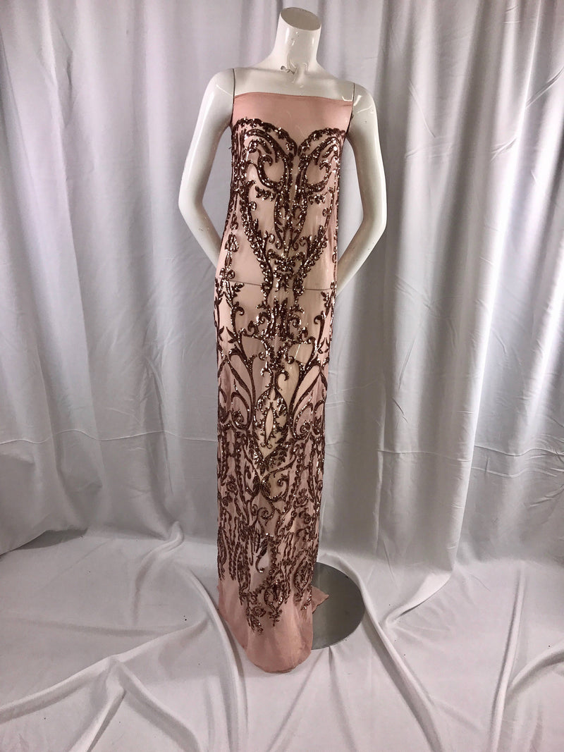 Dusty rose damask design embroider with sequins on a 2 way stretch mesh-prom-nightgown-decorations-dresses-sold by the yard.