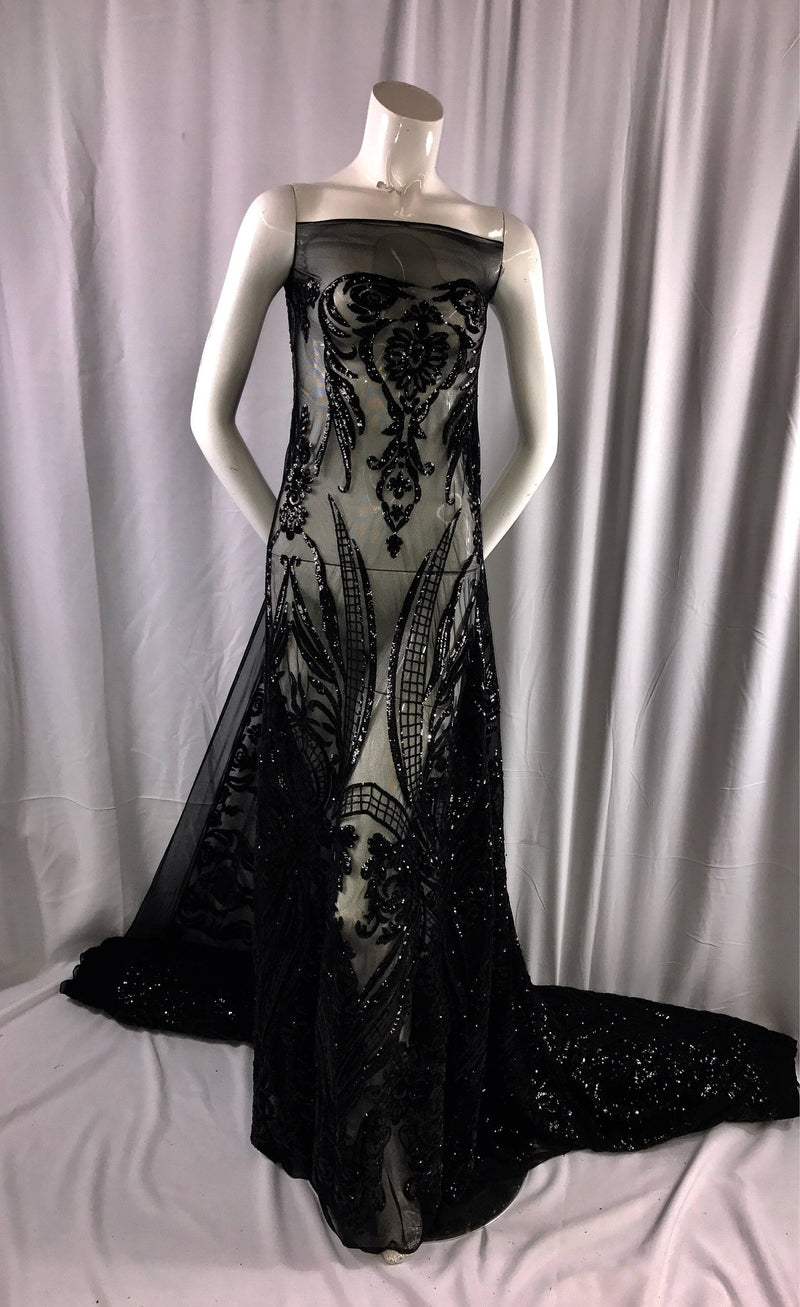 Black empire design embroider with sequins on a 2 way stretch mesh-wedding-bridal-prom-nightgown-dresses-sold by the yard.NEW!