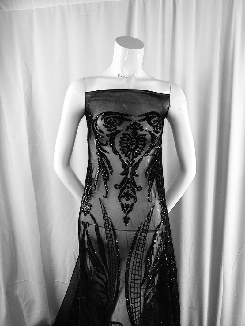 Black empire design embroider with sequins on a 2 way stretch mesh-wedding-bridal-prom-nightgown-dresses-sold by the yard.NEW!