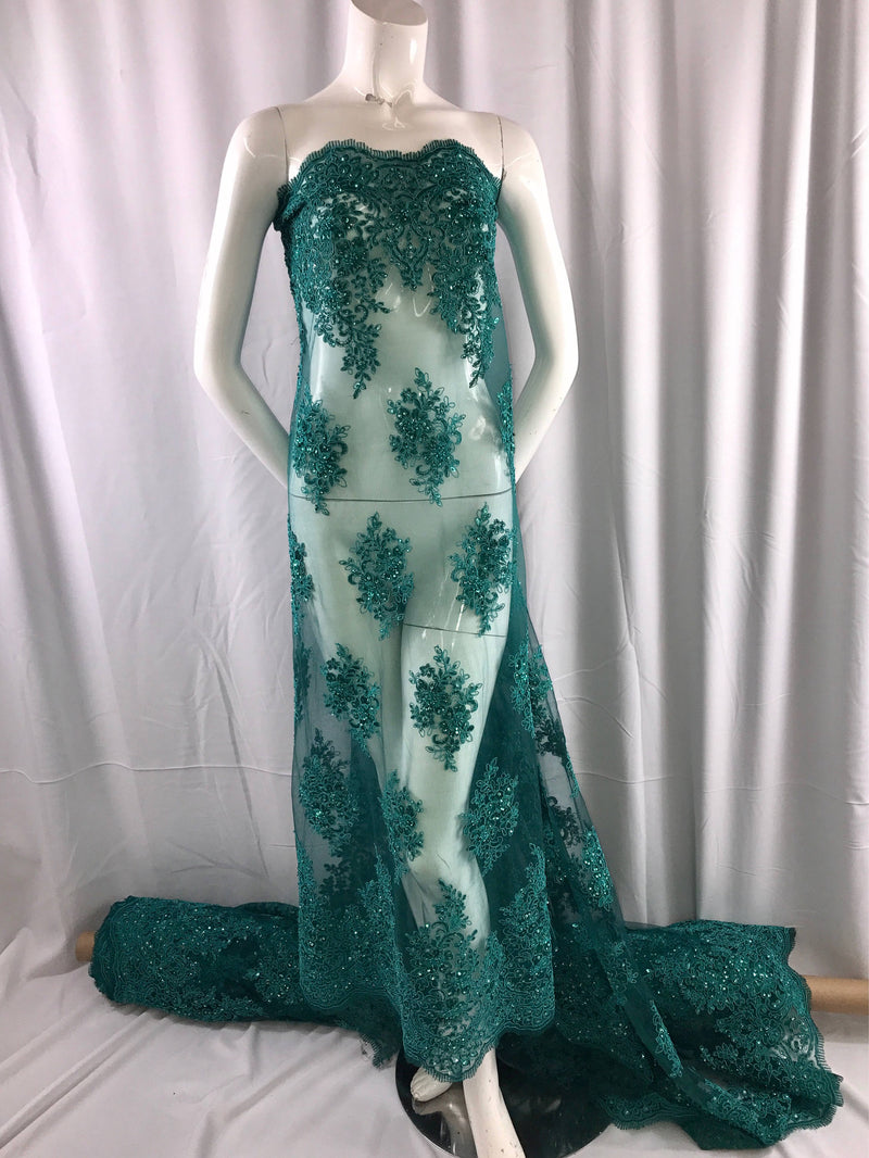 Teal green charming design embroider and beaded on a mesh lace-prom-nightgown-wedding-bridal-sold by the yard.