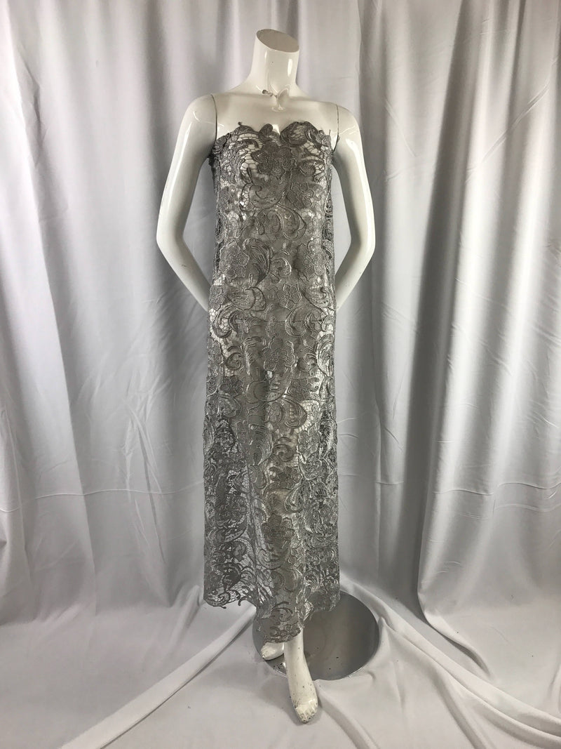 Fascinating gray light weight guipure design-prom-nightgown-decorations-apparel-dresses-fashion-sold by the yard.