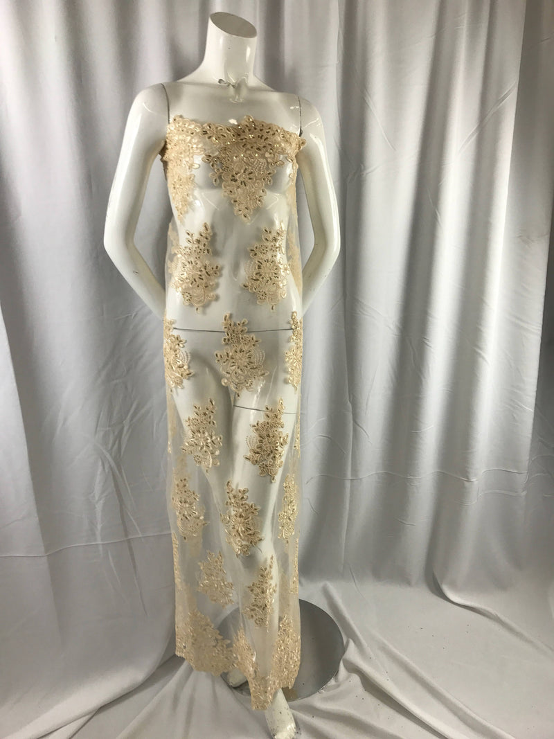 Dark ivory flower lace corded and embroider with sequins on a mesh. Wedding/bridal/prom/nightgown fabric-apparel-dresses-Sold by the yard.