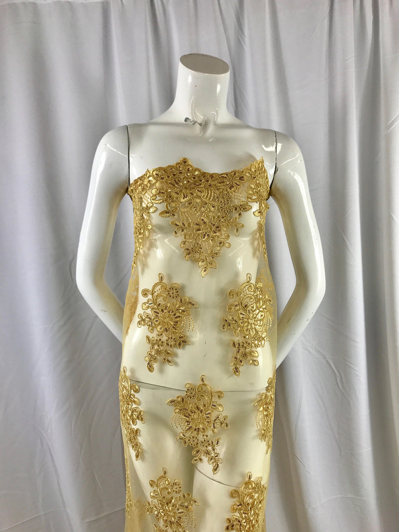 Gold flower lace corded and embroider with sequins on a mesh. Wedding/bridal/prom/nightgown fabric-apparel-fashion-dresses-Sold by the yard.