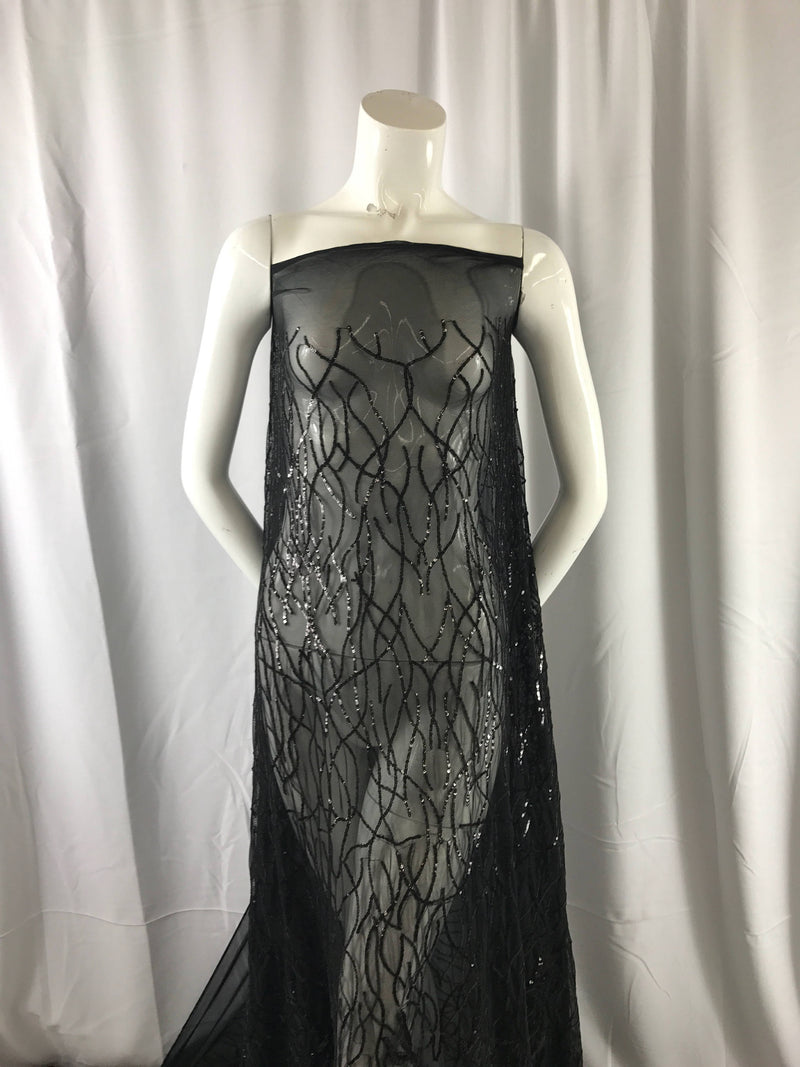 Dazzling Black fashion tree Embroider with sequins on a mesh lace-prom-nightgown-decorations-dresess-apparel-fashion-sold by the yard