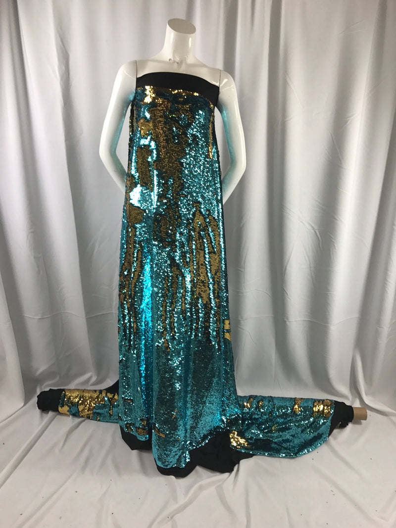 Turquoise-gold mermaid fish scales 2 way stretch lycra 2 tone flip flop shiny sequins-prom-nightgown-decorations-deesses-sold by yard