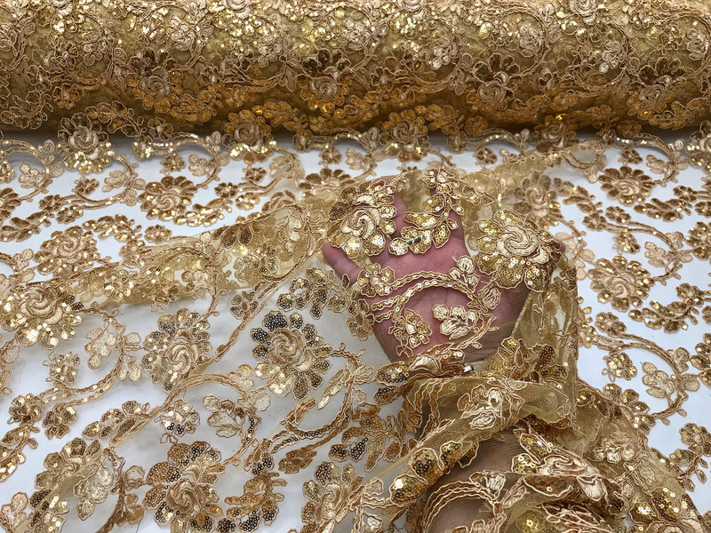 Gold flowers embroider with sequins and corded on a mesh lace-wedding-bridal-prom-nightgown-decorations-sold by the yard.