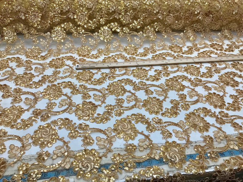 Gold flowers embroider with sequins and corded on a mesh lace-wedding-bridal-prom-nightgown-decorations-sold by the yard.