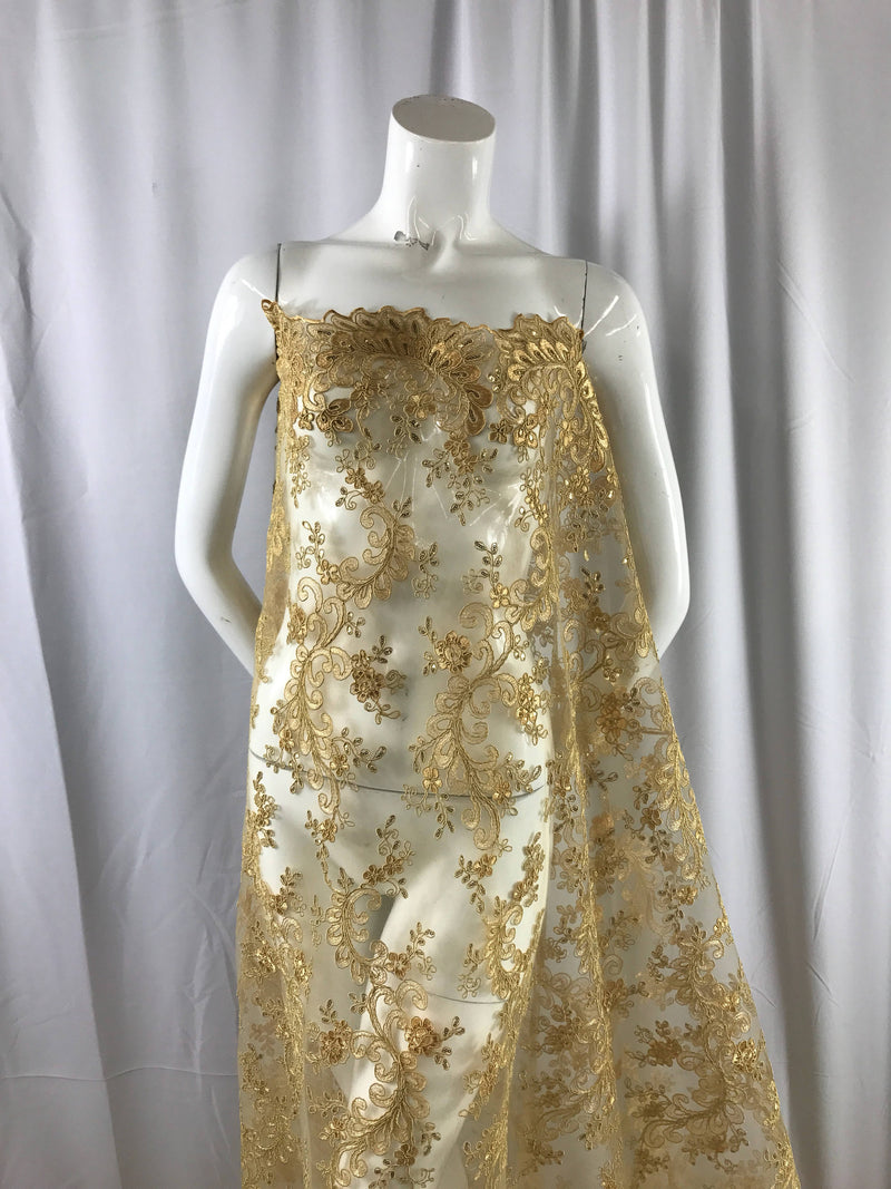 Gold corded flower design-embroider with sequins on a mesh lace fabric-prom-nightgown-decorations-sold by the yard-