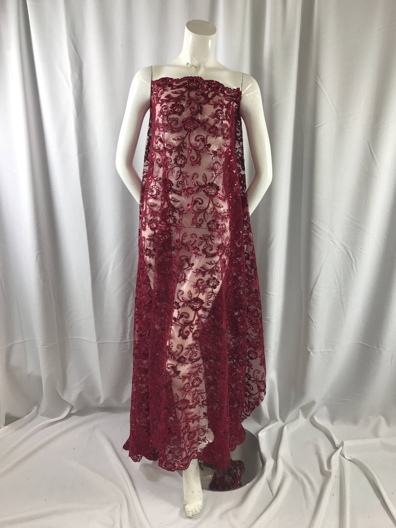Burgundy corded flowers embroider with sequins on a mesh lace fabric-wedding-bridal-prom-nightgown-dresses-fashion-sold by the yard.