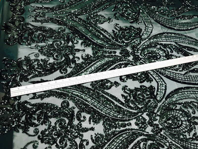 Hunter green empire design with sequins embroider on a 2 way stretch mesh fabric-prom-nightgown-decorations-sold by the yard.