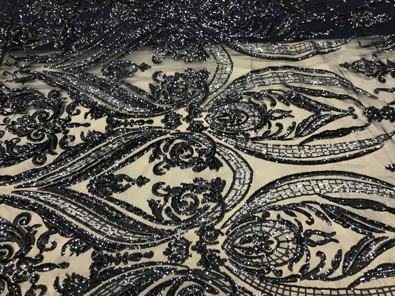 Navy blue empire design with sequins embroider on a 4 way stretch mesh fabric-sold by the yard.