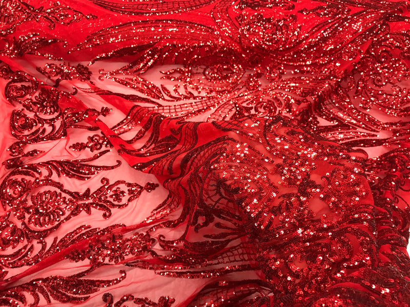 Red empire design with sequins embroider on a 2 way stretch mesh fabric-prom-nightgown-decorations-sold by the yard.