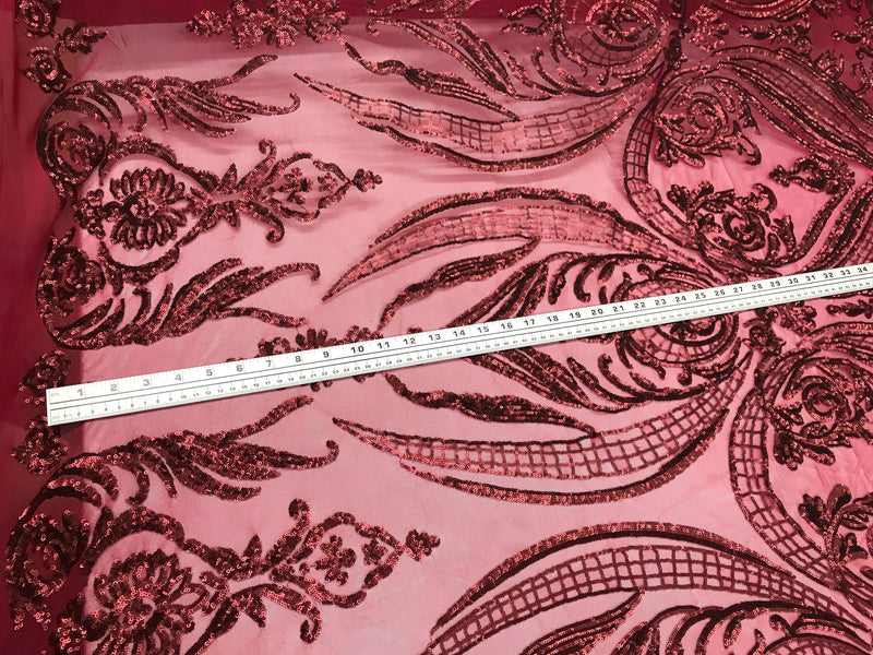 Matt burgundy empire design with sequins embroider on a 2 way stretch mesh fabric-sold by the yard