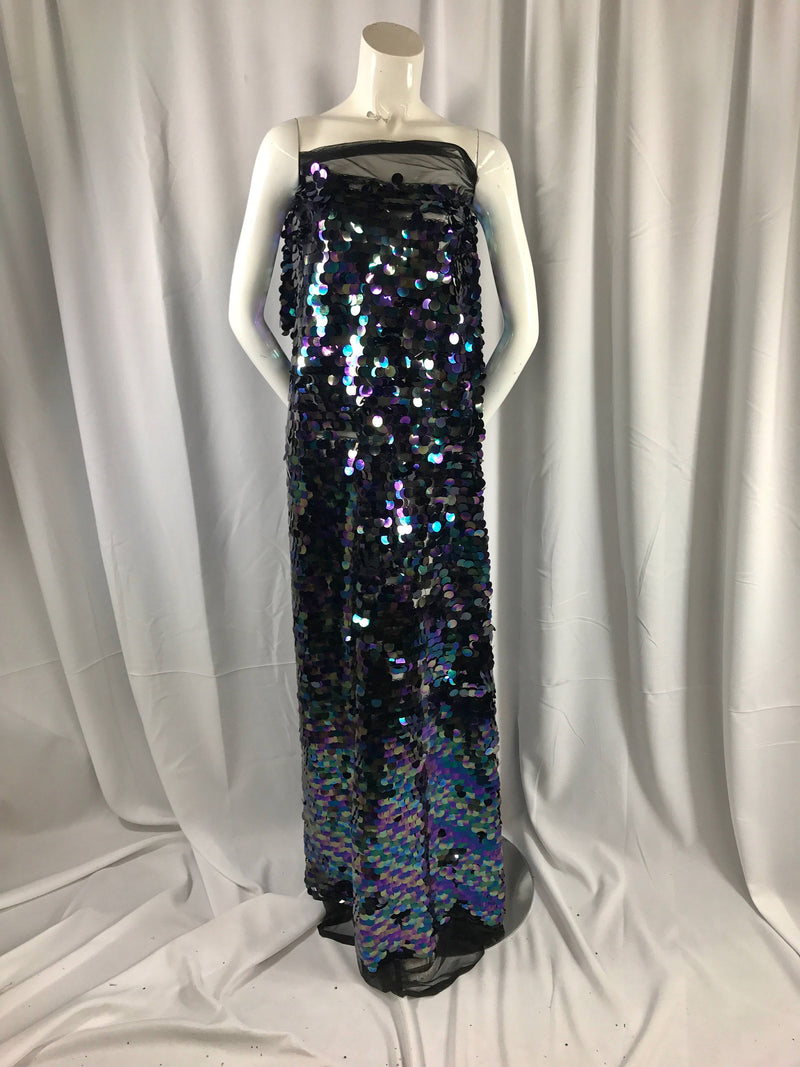 Black round hologram iridescent mermaid fish scales on a black mesh-prom-nightgown-decorations-dresses-craft-sold by the yard.