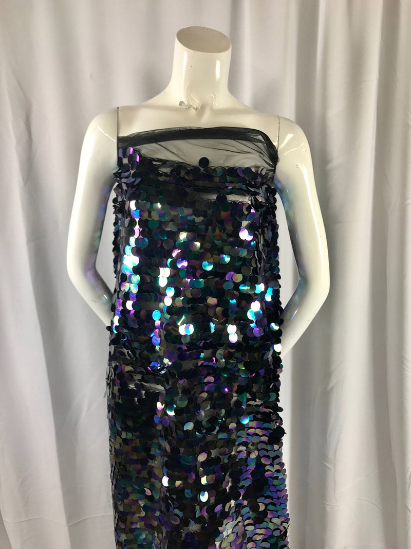 Black round hologram iridescent mermaid fish scales on a black mesh-prom-nightgown-decorations-dresses-craft-sold by the yard.