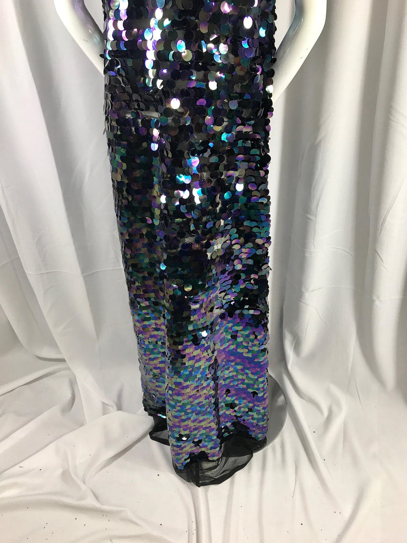 Black round hologram iridescent mermaid fish scales on a black mesh-prom-nightgown-decorations-dresses-craft-sold by the yard.