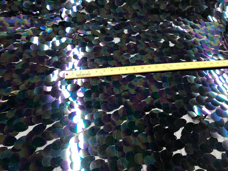 Black hologram iridescent mermaid fish scales on a black mesh-sequins-prom-decorations-nightgown-dresses-sold by the yard.