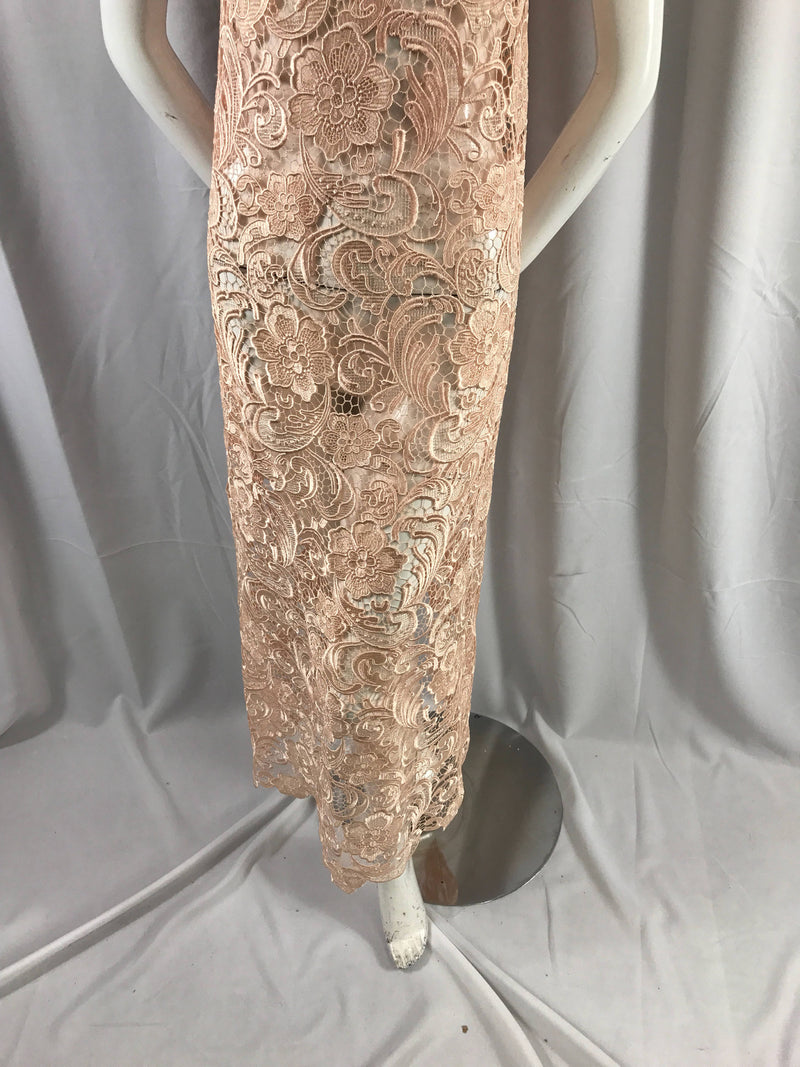 Fascinating peach light weight guipure design-prom-nightgown-decorations-apparel-fashion-dresses-nightgown-sold by the yard