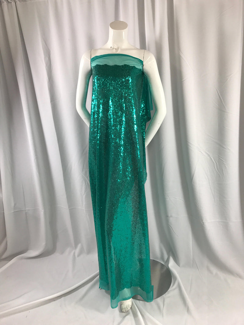 Teal green mermaid fish scales-mini sequins embroider on a 2 way stretch mesh fabric-prom-nightgown-decorations-dresses-sold by the yard-