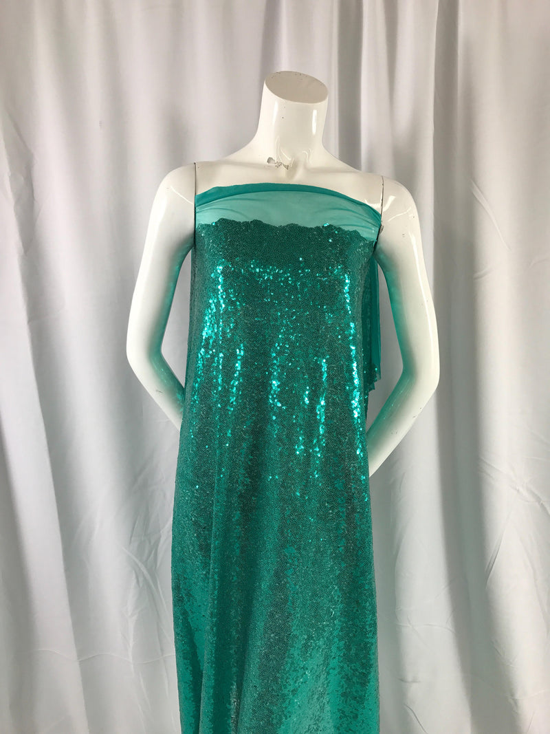 Teal green mermaid fish scales-mini sequins embroider on a 2 way stretch mesh fabric-prom-nightgown-decorations-dresses-sold by the yard-