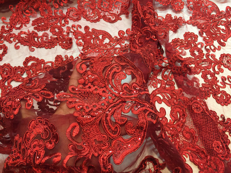 Dark Red damask pattern Embroidery with shiny sequins and Corded on a mesh lace-apparel-fashion-decorations-dresses-nightgown-sold by the ya