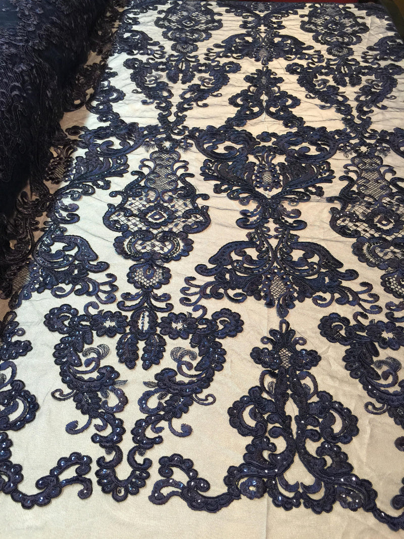 Navy Blue Damask pattern Embroidery With shiny sequins and Corded on a mesh lace-apparel-fashion-decorations-dresses-sold by the yard.