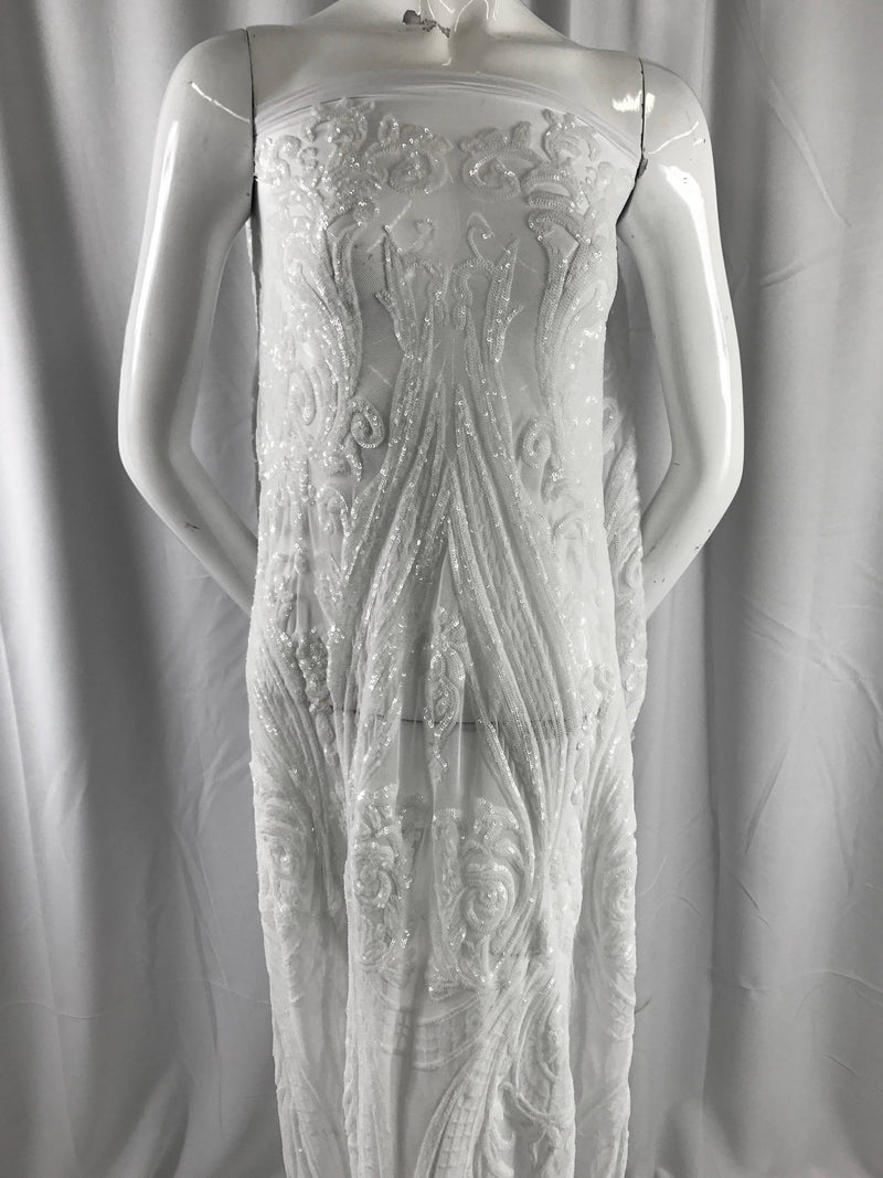 White empire design with sequins embroider on a 2 way stretch mesh fabric-wedding-bridal-prom-nightgown-decorations-dresses-sold by the yard