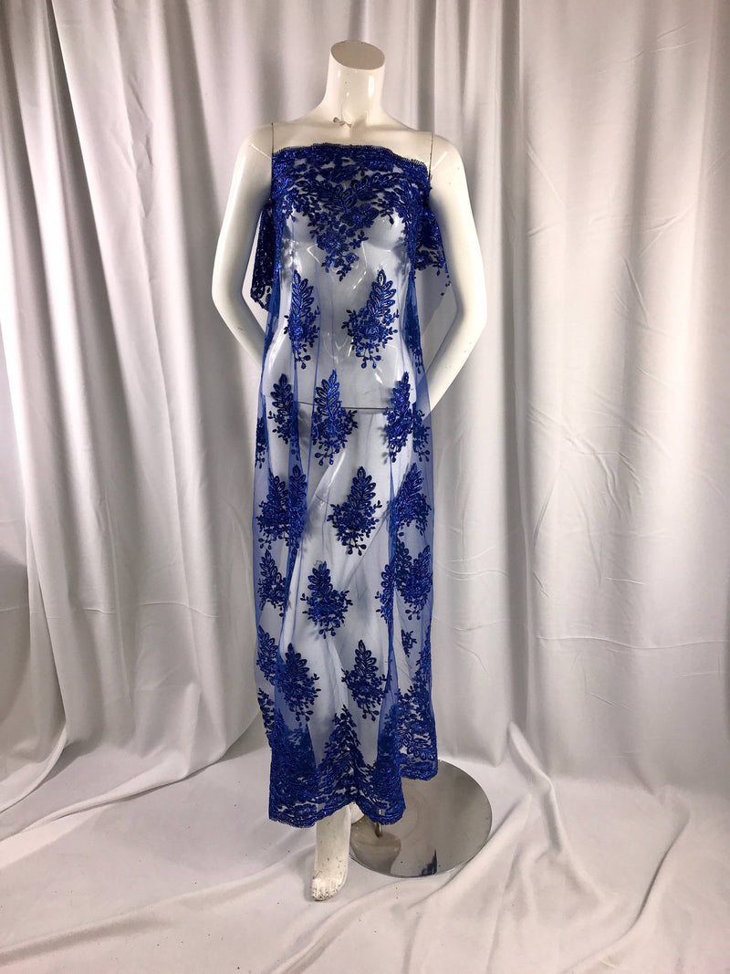 Royal blue french flower design embroider and corded with sequins on a mesh lace-wedding-bridal-prom-nightgown-dresses-sold by the yard.
