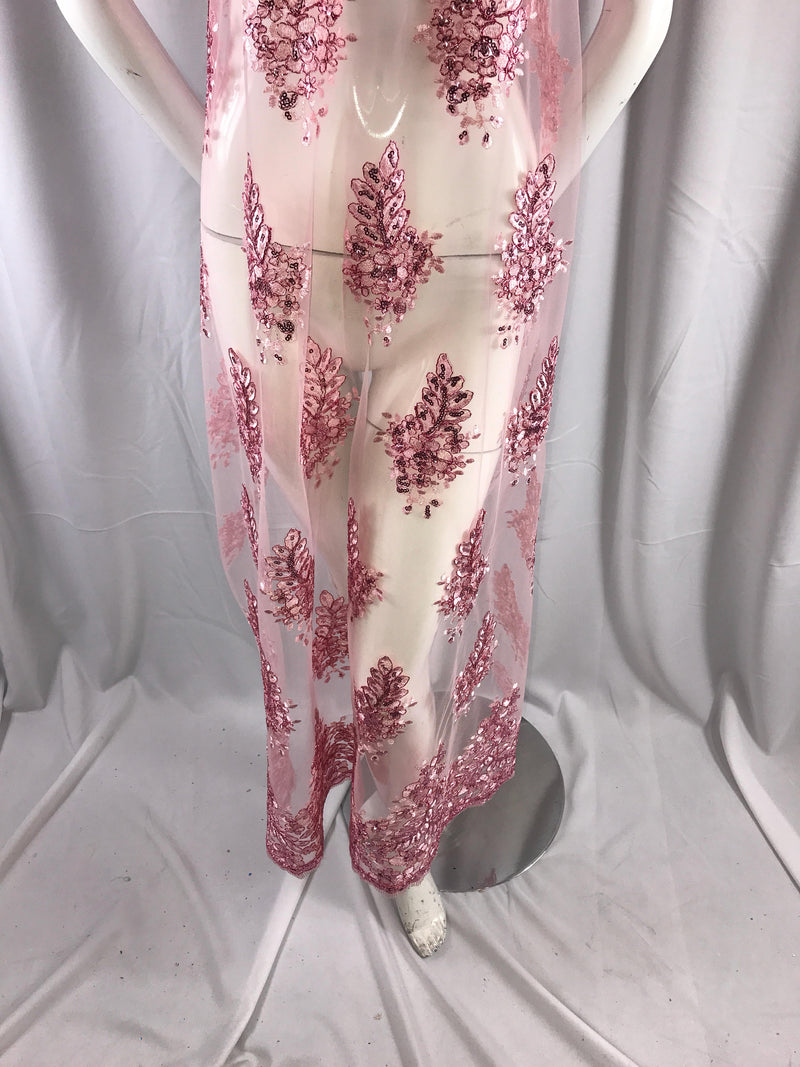 Pink french flower design embroider and corded with sequins on a mesh lace-wedding-bridal-prom-nightgown-dresses-sold by the yard.