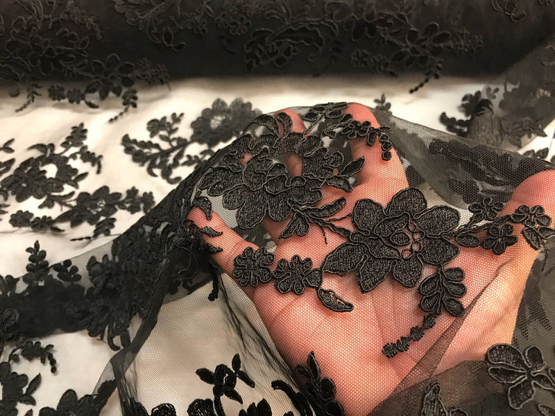 Black floral design embroider and corded on a mesh lace fabric-fashion-decorations-nightgown-prom-apparel-dresses-sold by the yard.