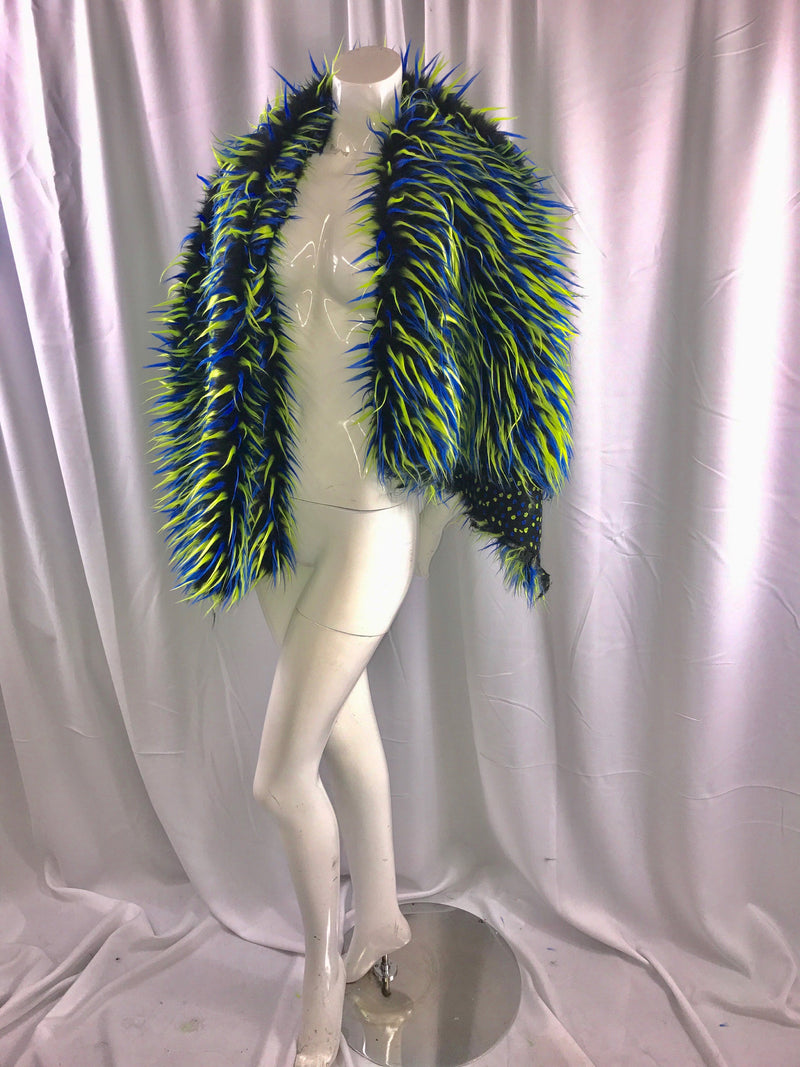 3 tone spikes faux fur- black/neon neon yellow/royal blue-Shaggy faux fur-fashion-decorations-jackets-pillows-trow blankets-sold by the yard