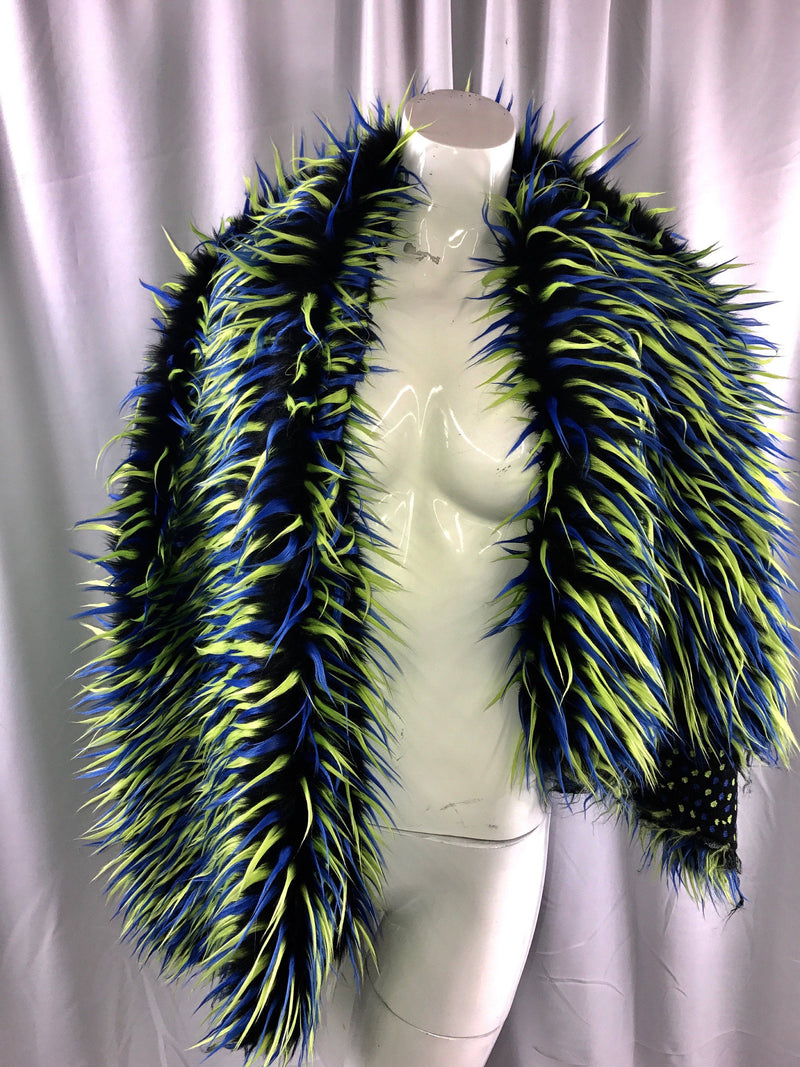 3 tone spikes faux fur- black/neon neon yellow/royal blue-Shaggy faux fur-fashion-decorations-jackets-pillows-trow blankets-sold by the yard