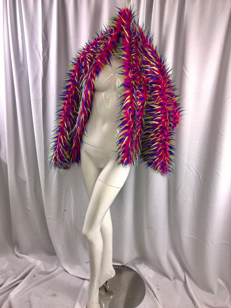 3 tone spikes faux fur- fuchsia/neon yellow/royal blue-Shaggy faux fur-fashion-decorations-apparel-throw blankets-sold by the yard.