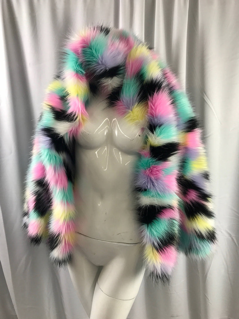 Pink tie dyed multi color jacquard faux fun fur- soper soft shaggy fur-60" wide-jackets-fashion-apparel-decorations-sold by the yard.