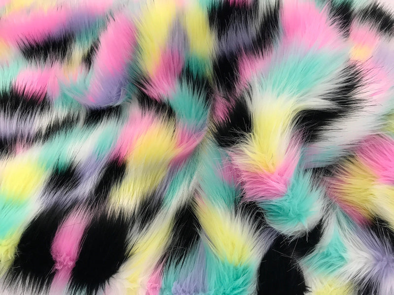 Pink tie dyed multi color jacquard faux fun fur- soper soft shaggy fur-60" wide-jackets-fashion-apparel-decorations-sold by the yard.