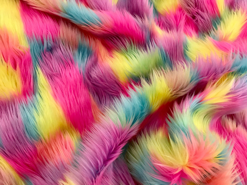 Fuchsia pink multi color tie dyed jacquard faux fun fur-super sofrt shaggy fur-60" wide-apparel-fashion-decorations-jackets-sold by the yard