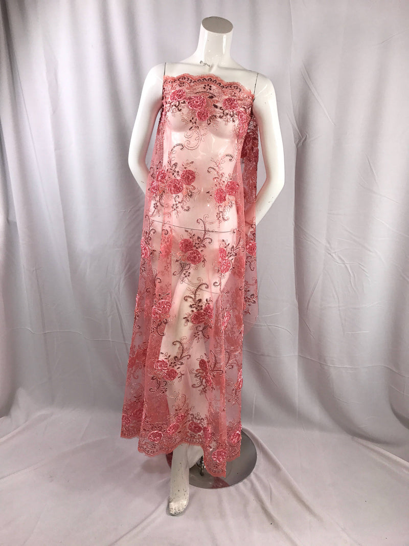 Coral 3d flowers embroider with sequins on a nude mesh lace. Wedding/bridal/prom/nightgown fabric-dresses-fashion-Sold by the yard.