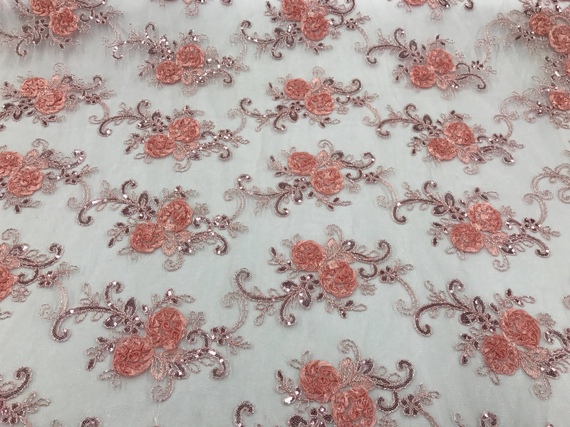 Blush peach  3d flowers embroider with sequins on a mesh lace fabric. Sold by the yard.