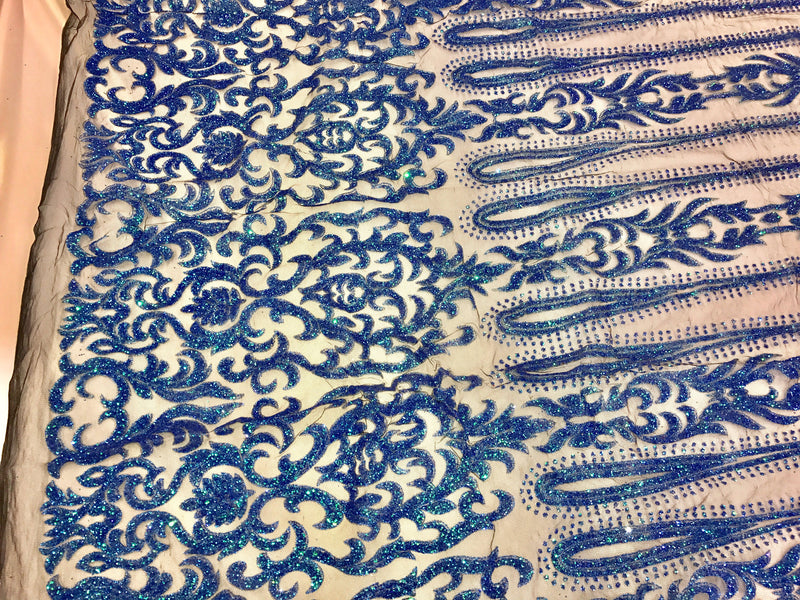 Royal blue Iridescent glitter damask design on a mesh lace-dresses-fashion-decorations-prom-nightgown-apparel-sold by the yard.