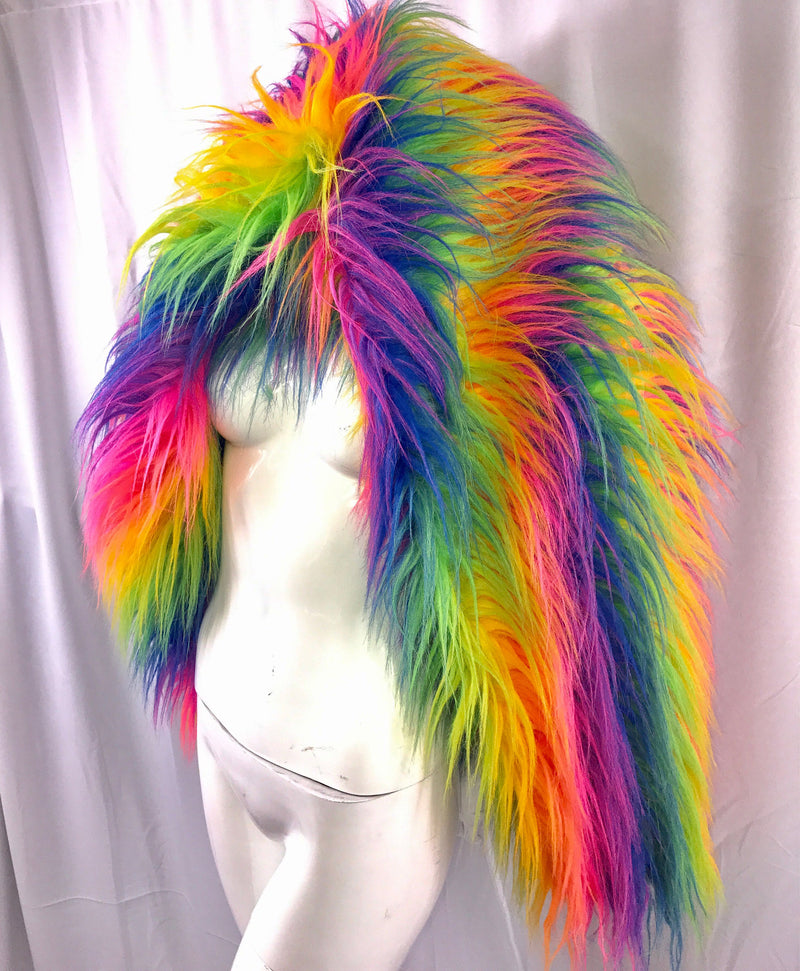 Stripe rainbow fake fur-multi color faux fun shaggy fur-4 inch pile-upholstery-jackets-pillows-Sold by the yard.36x60 inches.