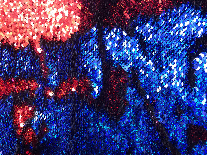 Iridescent sequins fabric-shiny reversible mermaid fish scales sequins-red-royal blue-decorations-clothing-pillows-sold by the yard.NEW-