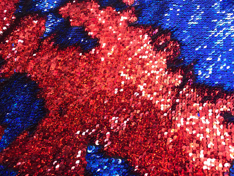 Iridescent sequins fabric-shiny reversible mermaid fish scales sequins-red-royal blue-decorations-clothing-pillows-sold by the yard.NEW-