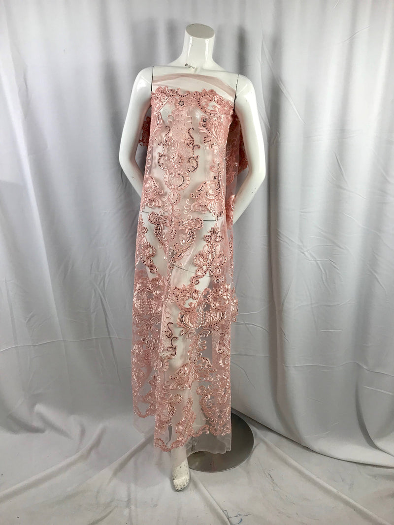 Pink damask pattern Embroidery with shiny sequins and Corded on a mesh lace-nightgown-apparel-fashion-decorations-dresses-sold by the yard.