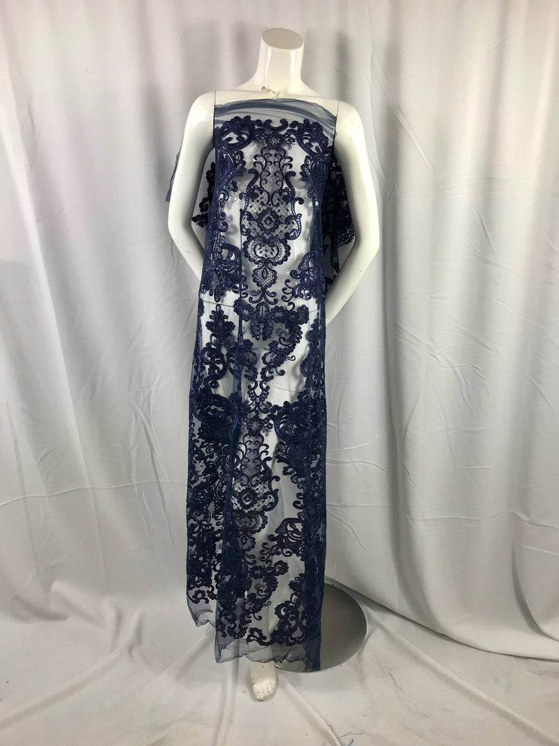 Navy Blue Damask pattern Embroidery With shiny sequins and Corded on a mesh lace-apparel-fashion-decorations-dresses-sold by the yard.