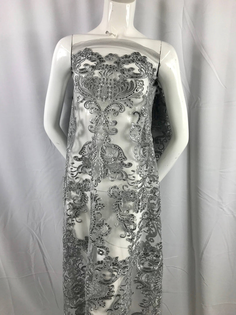 Gray damask pattern Embroidery with shiny sequins and Corded on a mesh lace-nightgown-fashion-apparel-decorations-sold by the yard.