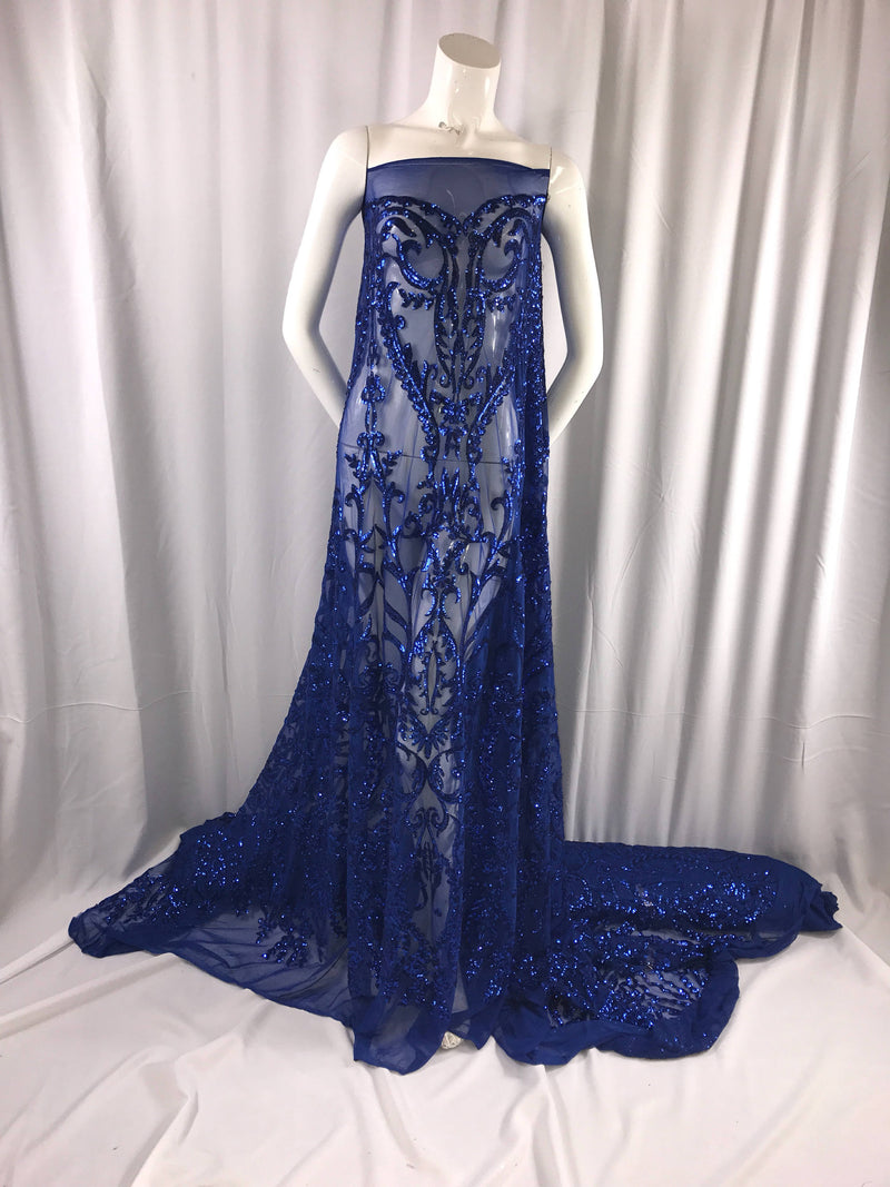Royal blue damask design embroider with sequins on a 2 way stretch mesh-prom-nightgown-dresses-decorations-sold by the yard.