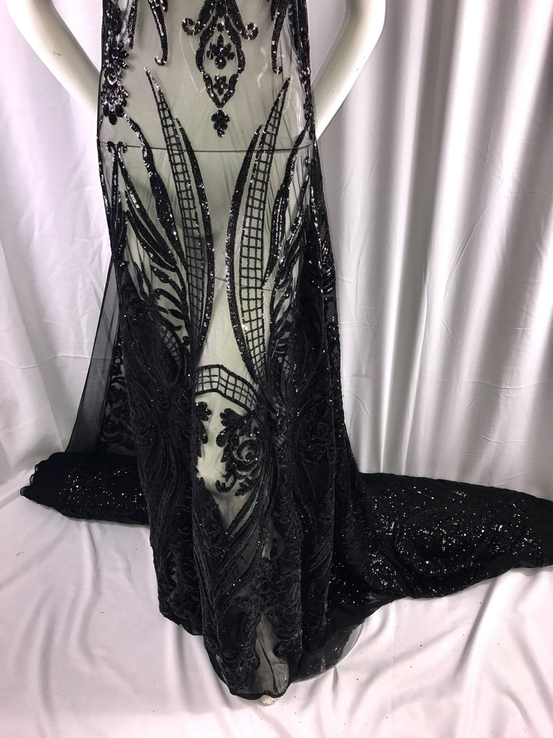 Black empire design embroider with sequins on a 2 way stretch mesh-wedding-bridal-prom-nightgown-dresses-sold by the yard.NEW!